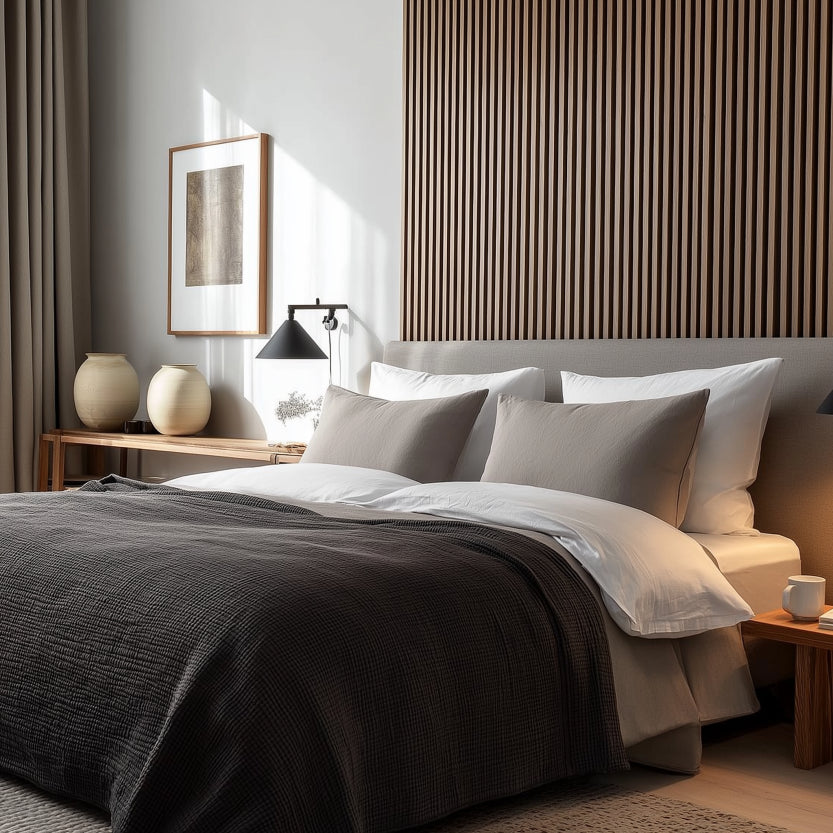 Sänggavel i akustikpanel, från golv till tak, bredd 245 cm, träslag ek (premiumutförande)