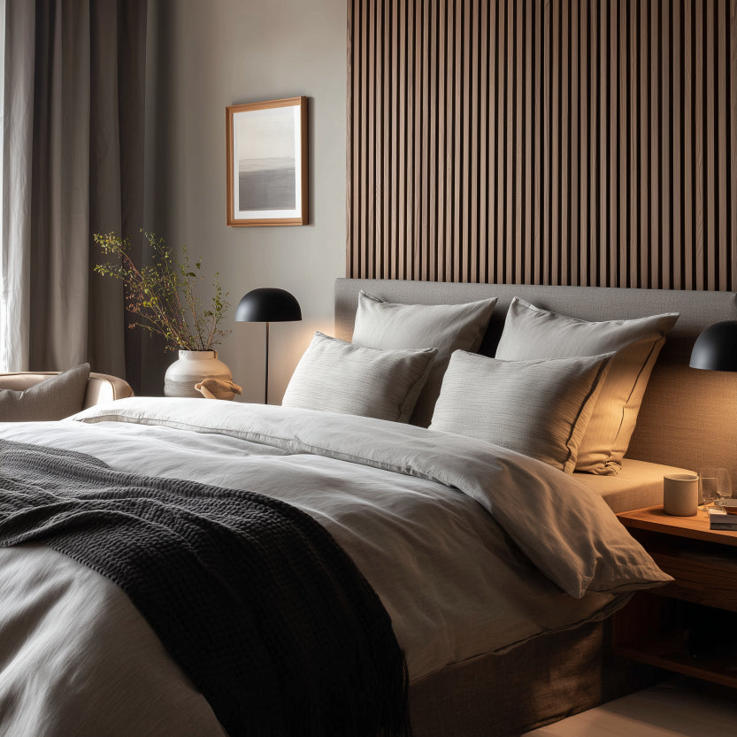 Sänggavel i akustikpanel, från golv till tak, bredd 185 cm, träslag Valnöt