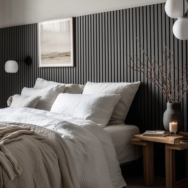 Sänggavel i akustikpanel, fullhöjd upp till 270 cm, bredd 185 cm, träslag Svartoljad Ek