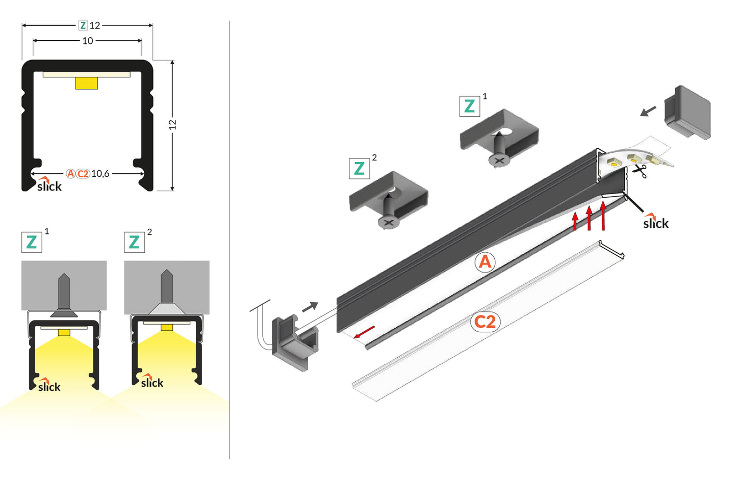 LED-profil till akustikpanel: 12 x 12 mm (med eller utan LED-strip)