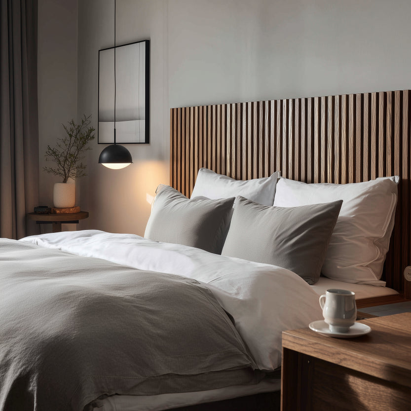 Sänggavel i akustikpanel, höjd 135 cm, bredd 245 cm, träslag Valnöt
